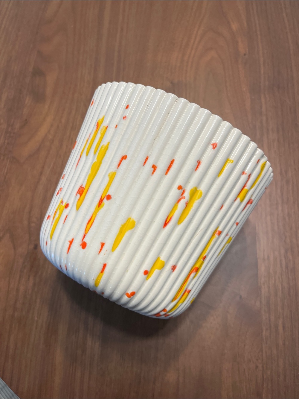 Tag White Ribbed Ceramic Planter with Yellow and Orange Splatter